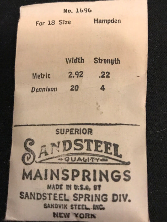 Sandsteel Mainspring for Hampden 18s No.  Factory No. 1696 - Steel