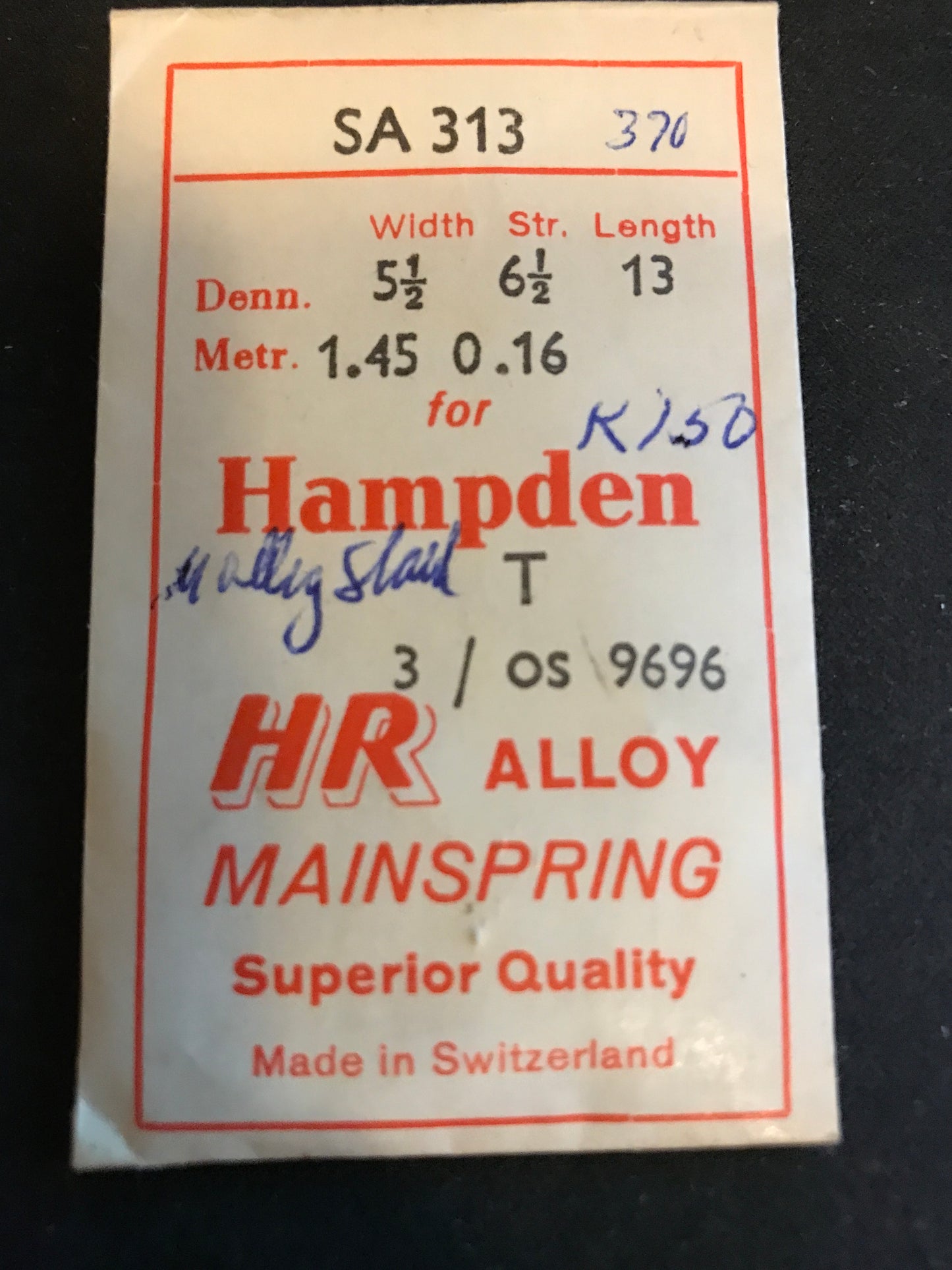 HR Mainspring SA313 for 3/0s Hampden Factory No. 9696 - Alloy