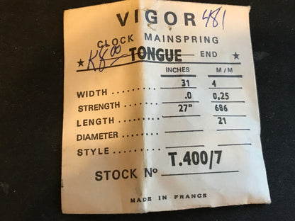 Vigor TONGUE End Clock Mainspring - 30" x 0 x 27" Long - T.400/7