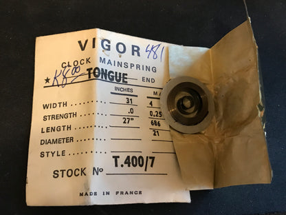 Vigor TONGUE End Clock Mainspring - 30" x 0 x 27" Long - T.400/7