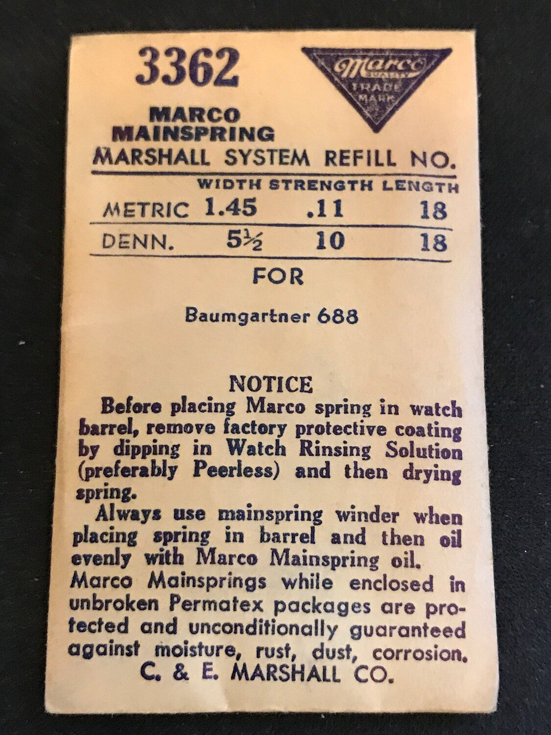 Marco Mainspring No.3362 for Baumgartner caliber 688 - Steel