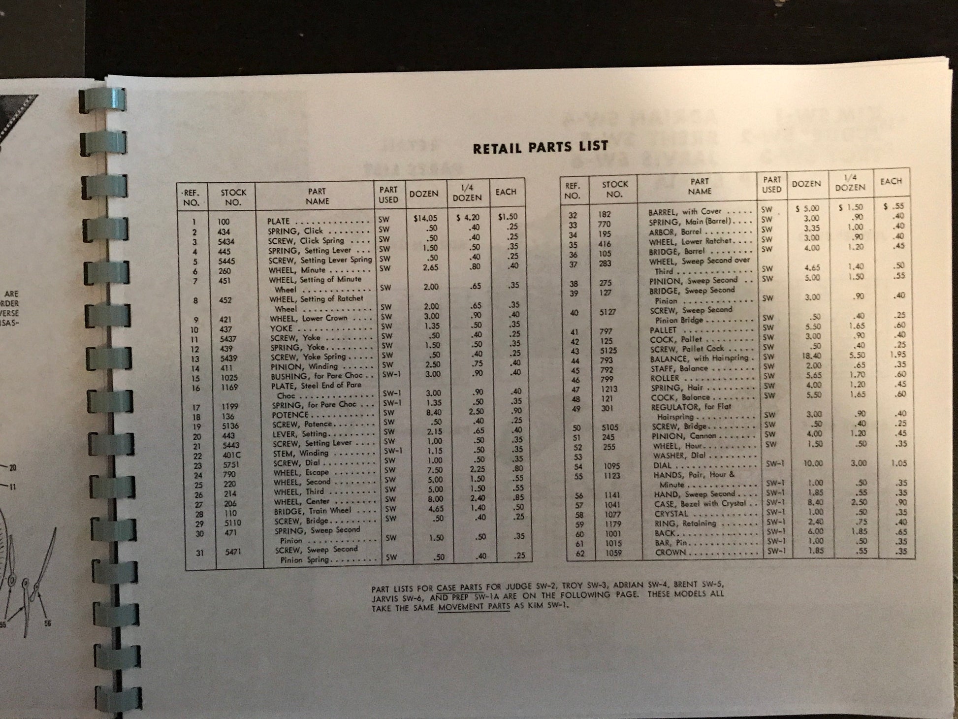 Westclox Parts Catalog and Repair Instructions from the late 1950's - reprint