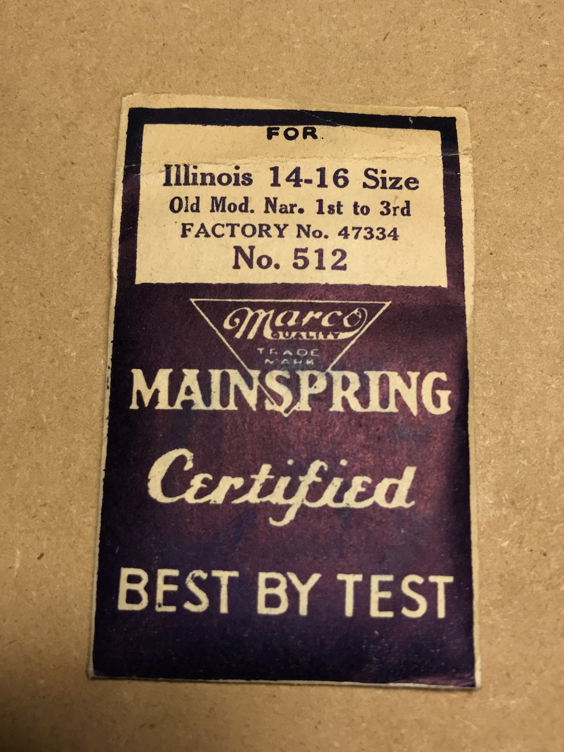 Marco Mainspring #512 for 14s & 16s Illinois Factory No. 47334 - Steel