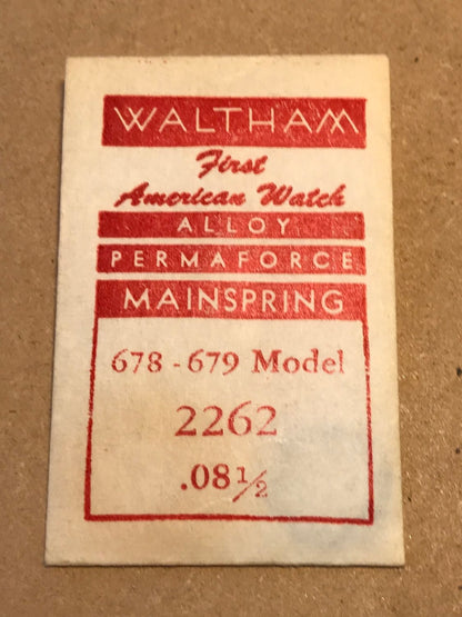 Waltham Factory Mainspring for Model 678 - 679 Movements No. 2262 - Alloy