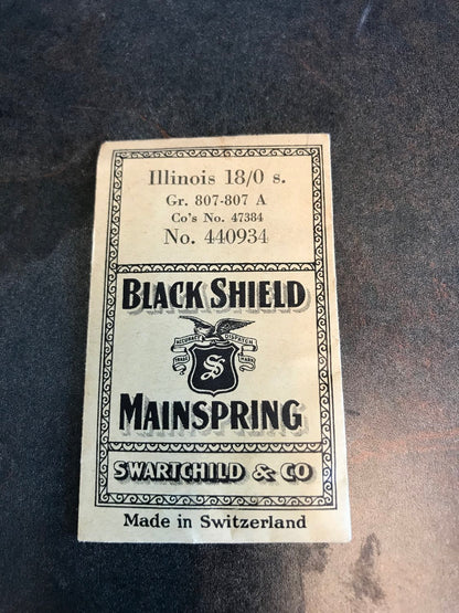 Swartchild Black Shield Mainspring for Illinois 18/0s Factory No. 47384 - Steel