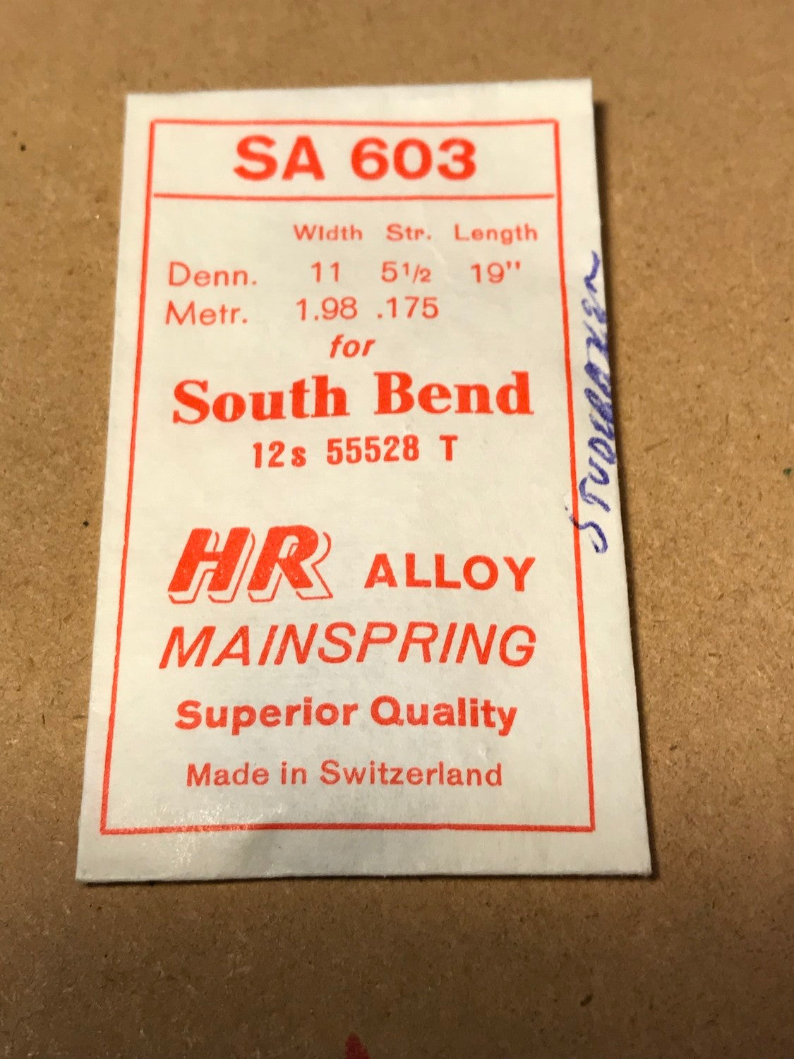 HR Mainspring SA603 for 12s South Bend No. 55528 - Alloy