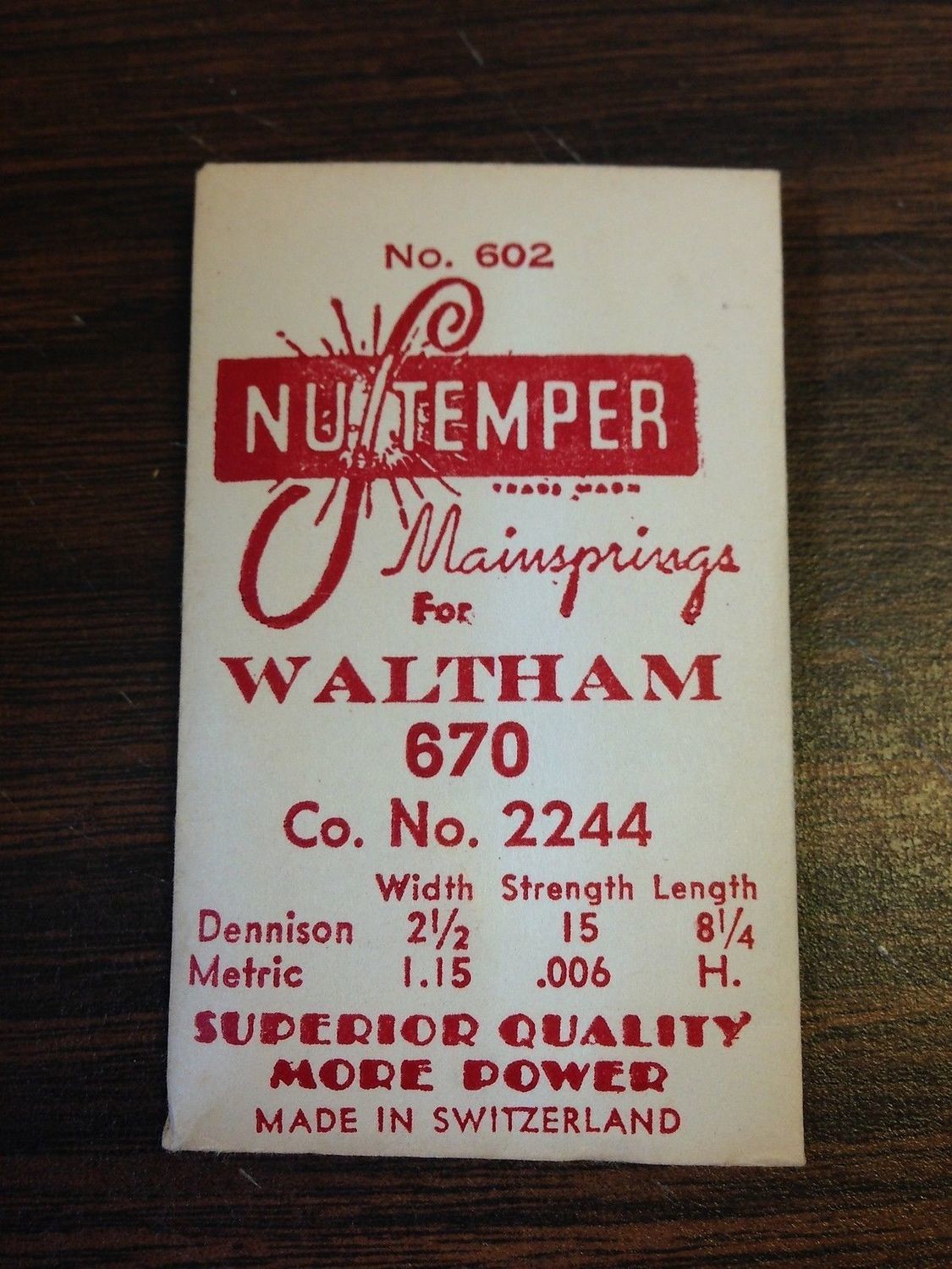 NuTemper Mainspring #602 for  Waltham 2244 for 6¾ Ligne Model 670 - Steel
